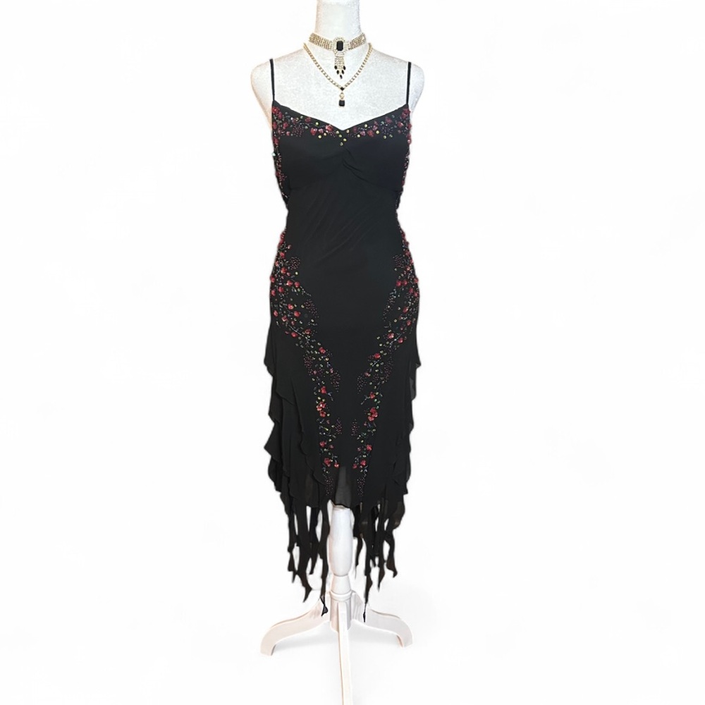 Vintage Sue Wong Black Midi Dress with Red Bead Details